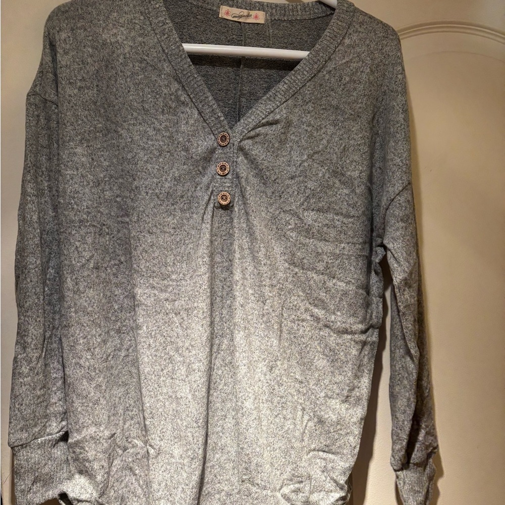 Gray V-Neck with Button Detail. Ultra soft.
